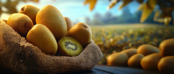 Wall Mural - Fresh Golden Kiwis in a Burlap Sack.