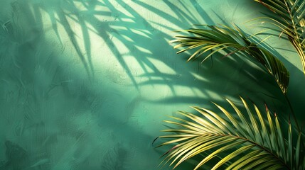 Wall Mural - Palm Leaves and Shadows on a Green Wall