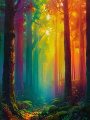 Wall Mural - Colorful forest with light shining in