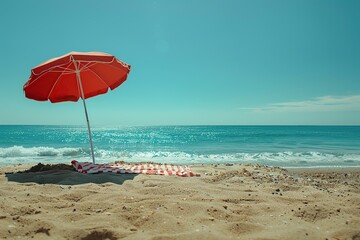 Wall Mural - Red Umbrella on a Sandy Beach