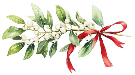 Festive Mistletoe with Red Ribbon: A Beautiful Botanical Illustration for Holiday Decor