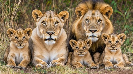 Wall Mural - Lion Family Portrait   Proud Parents with Adorable Cubs