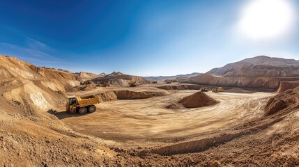 Sticker - A panoramic view of a mining site with heavy machinery and a clear blue sky.