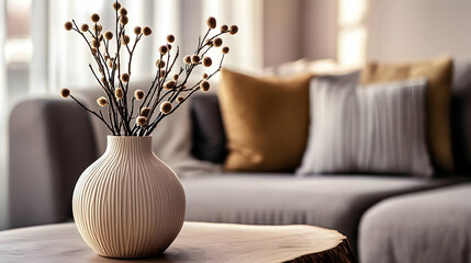 A minimalist vase with decorative branches on a wooden table in a cozy living room.