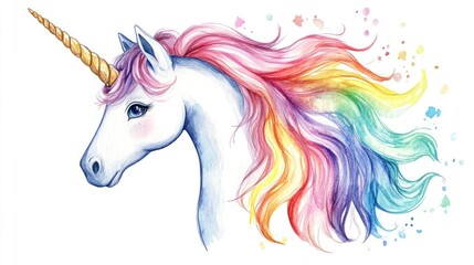  Vibrant Unicorn Illustration with Rainbow Mane Capturing the Essence of Fantasy and Whimsy in Watercolor Style