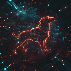 A dog is shown in a computer generated image with a red and blue background