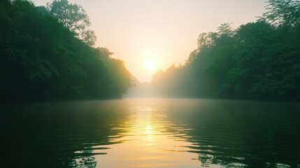 Canvas Print - Golden Sunrise Over Tranquil Lake And Lush Forest