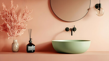 A modern bathroom scene featuring a stylish sink, decor, and soft color palette.