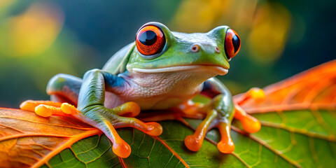 Emerald Eyes: A vibrant green tree frog with striking orange accents perches on a lush green leaf, its large, captivating eyes staring directly at the camera.  