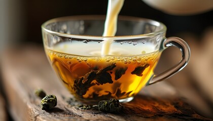 Creamy infusion of milk swirling into a cup of tea, captured up close