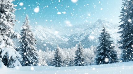 Wall Mural - A serene winter landscape with heavy snowfall blanketing mountains and trees, creating peaceful atmosphere.