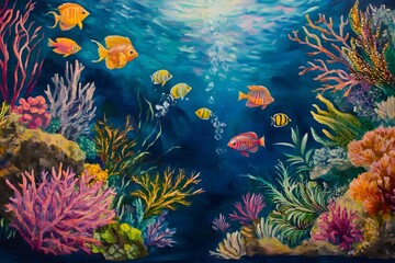 Vibrant Underwater Ocean Scene with Coral Reef and Tropical Fish for Bathroom Decor