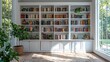 © Raitalinn - A white built-in bookshelf filled with windows, plants, and a warm hardwood floor, creating a cozy reading nook.