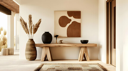 A modern interior scene featuring natural decor elements and earthy tones.