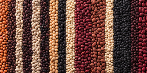 Colorful assortment of legumes in vertical rows for healthy eating and food diversity