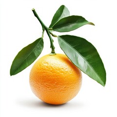 Wall Mural - A ripe orange with green leaves on a white background.