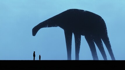 Minimal art, a father and his son stand dwarfed by the imposing silhouette of a colossal creature against a blue sky