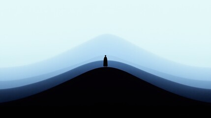 Poster - Minimal art, figure in a long coat gazes at an abstract, minimalist landscape from a hilltop