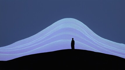 Poster - Minimal art, solitary figure gazes at a stunning abstract landscape of shimmering purple waves from a hilltop