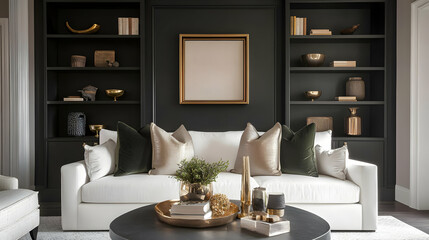 A modern living room featuring a white sofa, decorative pillows, and stylish shelves.