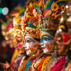 Wall Mural - A row of performers in elaborate costumes and makeup, their faces painted with vibrant colors, are seen in profile. 