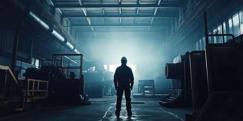 Silhouetted worker in industrial factory setting with dramatic lighting