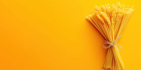 Bundle of spaghetti noodles on vibrant yellow background with rustic twine tie