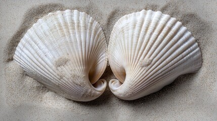 Two beautiful white seashells nestled together on soft sand, creating a serene beach scene perfect for nature lovers.