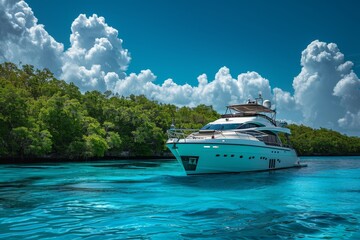 Luxury yacht with black accents navigating turquoise waters near coral reefs in Cozumel, Mexico, with lush green mangroves and a blue sky with fluffy clouds.