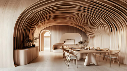 A modern wooden interior featuring flowing architectural lines and a dining area.