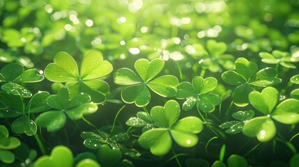 Sticker - Fresh Green Clover Leaves with Dew Drops in Sunlight