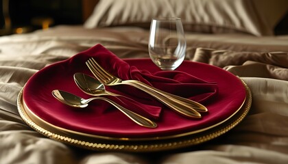 Luxurious fork and spoon design on rich burgundy velvet for elegant dining experiences in hotels and restaurants