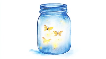 A jar filled with glowing fireflies, watercolor painting, gentle light spreading outside, isolated on white background