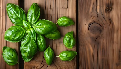 Wall Mural - Vibrant Fresh Basil Leaves on a Rustic Wooden Surface