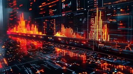 Wall Mural - Futuristic control room with glowing financial charts against cityscape backdrop, evoking themes of technology, finance, and global markets