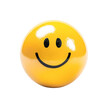 © Kakabe - A bright yellow smiley face ball with a glossy finish on a black background isolated on transparency PNG background, symbolizing happiness and positivity