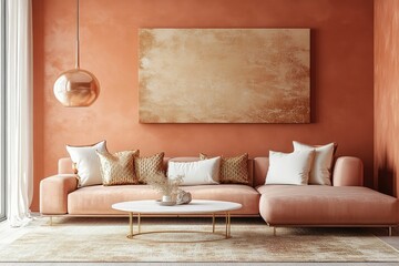 Wall Mural - Modern Living Room Interior Design with Peach and Gold Tones