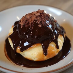 Wall Mural - A single chocolate-covered cream puff, drizzled with chocolate sauce and sprinkled with cocoa powder, sits on a white plate.