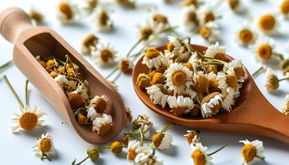 Dried chamomile flowers gently arranged with a wooden spoon on a clean white background