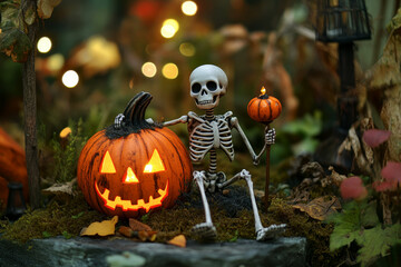 Cartoon skeleton holding two jack-o'-lanterns. Halloween pumpkin .