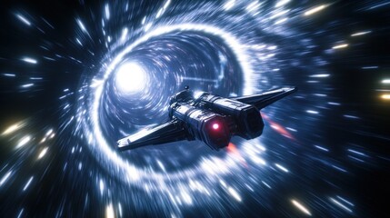 Wall Mural - a spacecraft travels through a colorful, swirling wormhole in deep space.