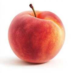 Poster - A single, ripe peach with a reddish-pink skin and a green stem on a white background.