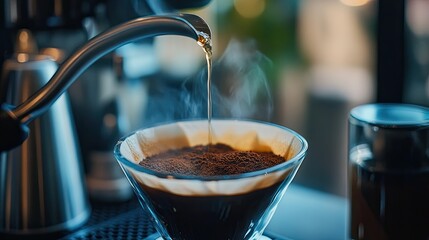 Wall Mural - A steaming coffee being brewed into a filter, showcasing the process of making coffee.