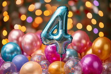 Foil balloon in shape of number 4 on vibrant colored birthday background