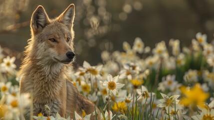 a tight shot of a dog amidst a flower-filled meadow the backdrop is a hazy blend of trees and shrubs