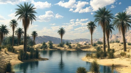 Wall Mural - A desert oasis with a small pond surrounded by palm trees, contrasting with the surrounding arid environment.