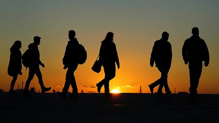 People walking at sunset, their shapes dark against the bright sky. You can only see parts of their bodies.