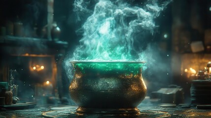 Wall Mural - alchemists cauldron brimming with luminous emerald potion tendrils of mystical vapor rising surrounding objects cast in an eerie glow creating an atmosphere of magical intrigue