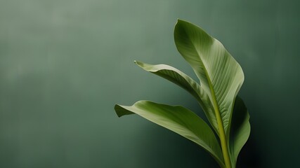 Wall Mural - Light green spiral banana leaf on solid light green background. A toned image made for minimal zen nature aesthetic. Generative AI