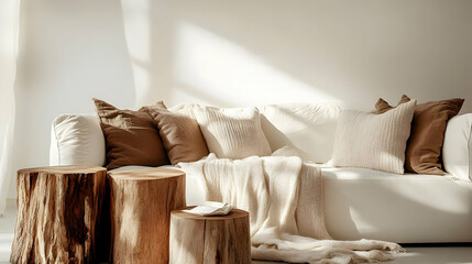 Cozy living room with a neutral color palette and wooden accents.